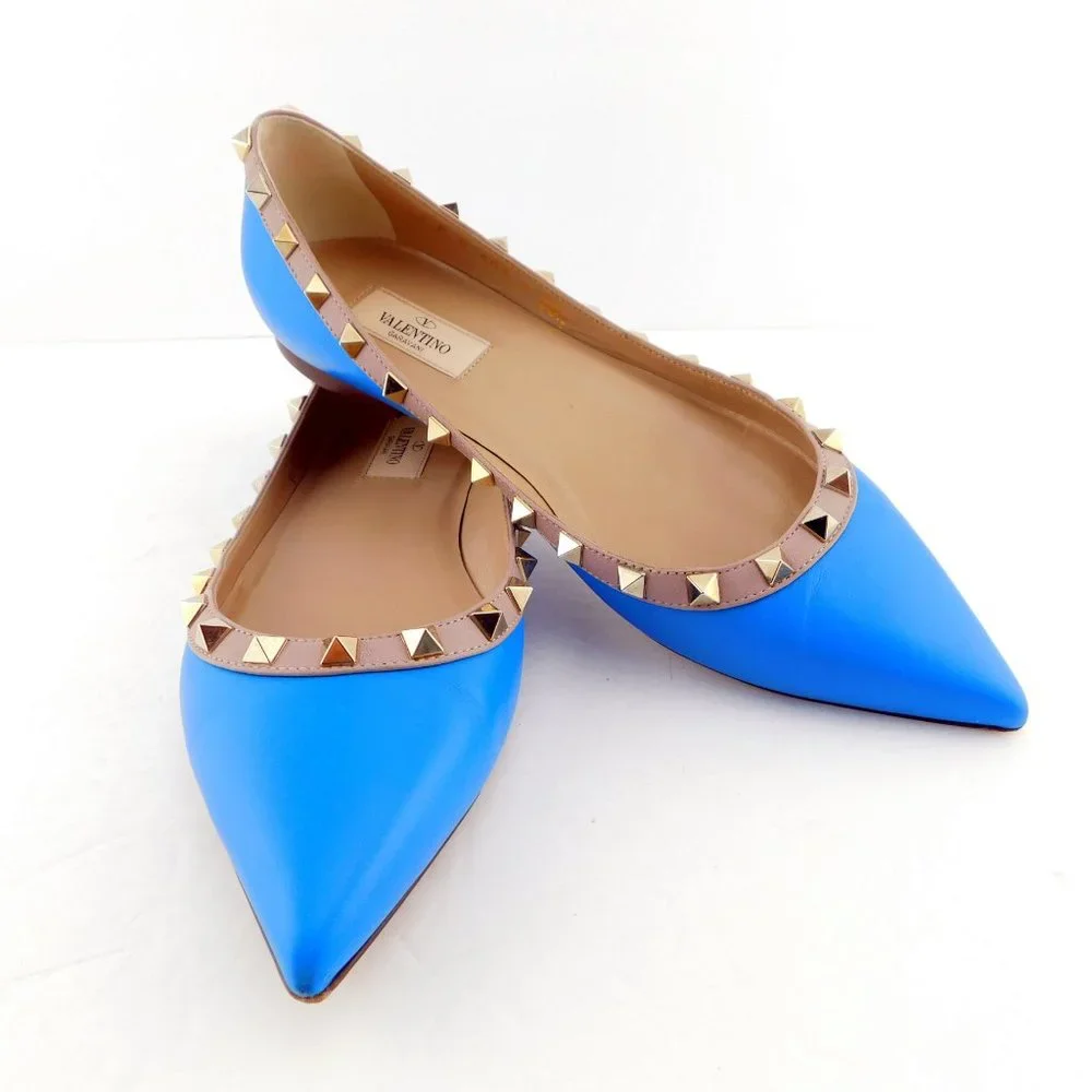 VALENTINO Rockstud Brilliant Blue Leather Ballerina Flats 38.5